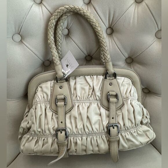 Prada Beige Gaufre Tessuto Nylon Handbag Braided Leather Handles - Picture 3 of 11